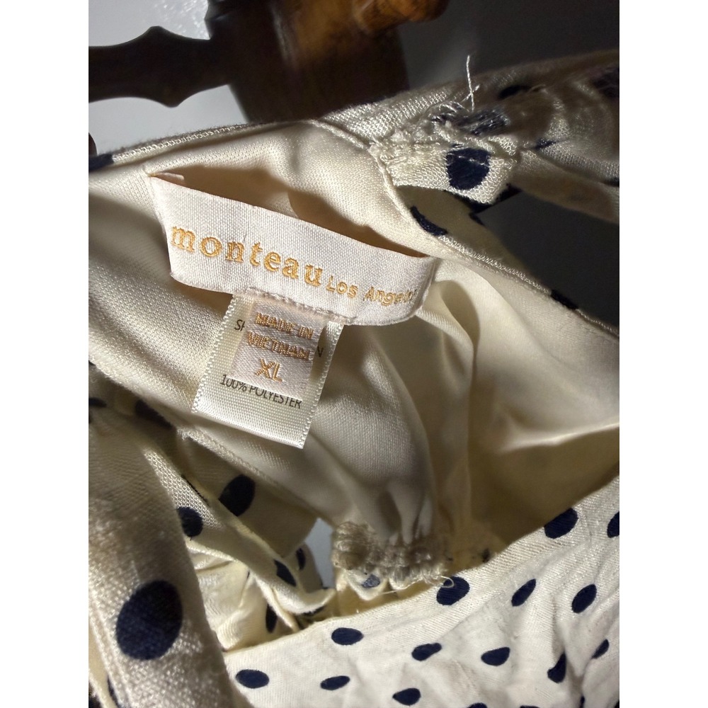 Monteau Los Angeles Polka Dot Peplum Top Cream Navy Ruffle Tie Back XL - Picture 4 of 4